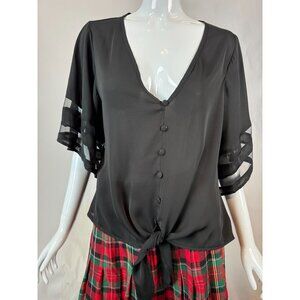Black V-Neck Blouse With Sheer Accent Sleeves & Tie-Front  Medium  Polyester
